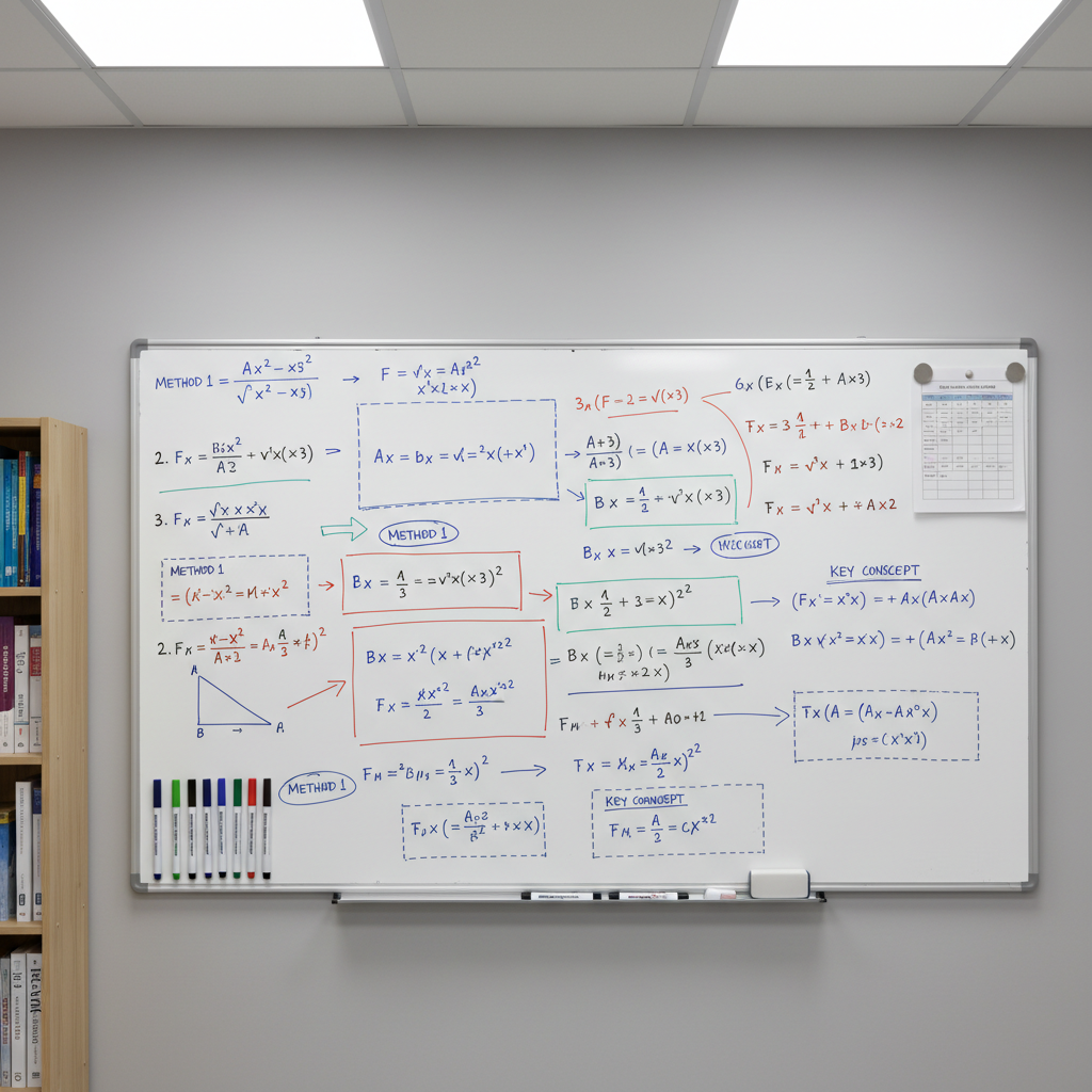 A clean, modern whiteboard in a quiet tutoring classroom, covered with neatly written maths equations and annotated exam questions in multiple colours, each step underlined and boxed with precision. On a slim ledge rest an orderly row of fine-tipped markers, a small eraser, and a printed study schedule pinned to the corner with magnets. The surrounding walls are a soft, neutral grey, with a discreet bookshelf holding exam practice papers and curriculum guides. Overhead LED panel lighting creates even, shadow-free illumination, highlighting the clarity of the writing. Captured straight-on in photographic realism, the composition uses the rule of thirds to balance the whiteboard and surrounding elements. The mood is structured, professional, and encouraging of systematic problem-solving and academic confidence.